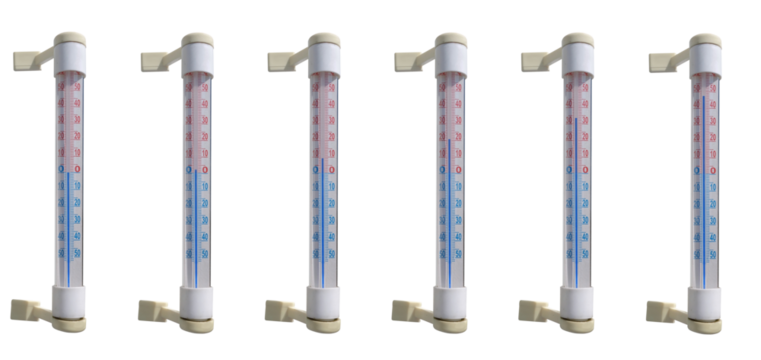 A thermometer that attaches to the window glass indicating plus temperatures. On isolated transparent background.