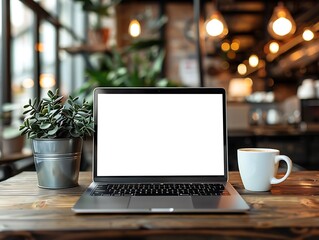 Fototapeta premium Blank screen laptop computer with cup of coffee on wooden table in cafe
