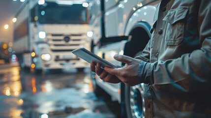 Truck driver using digital tablet is checking delivery information