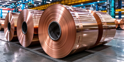 Copper foil rolls are stacked in a metal processing plant