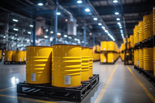 Yellow metal barrels with biohazard sign waiting in storage warehouse