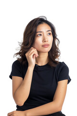 Fototapeta premium Woman thinking while looking up,doubtful and hesitant,transparent background,PNG,clip art.