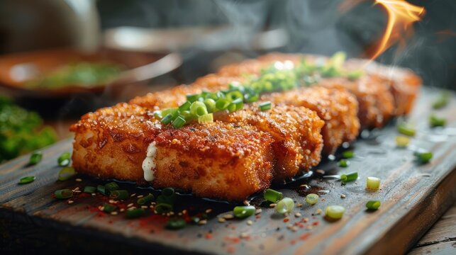 a piece of food on a cutting board with a fire