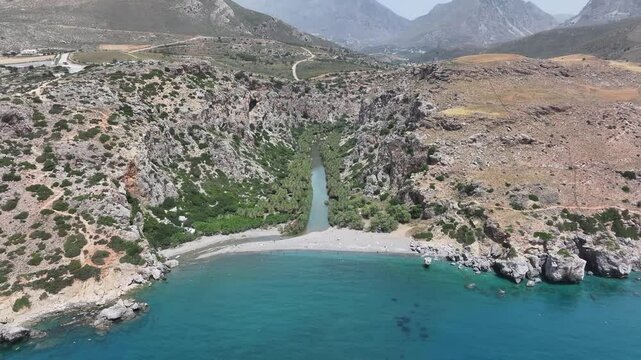 Aerial view of Palm beach of Preveli, Preveli Gorge, Rethymno, Crete, Greek Islands, Greece 