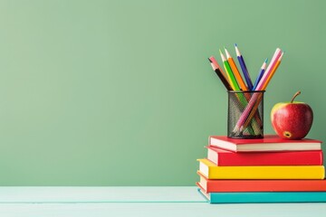 Stack of colorful books with a red apple and a cup of pencils on a green background. Perfect back to school concept image. Ideal for educational, academic, and reading themes. Generative AI
