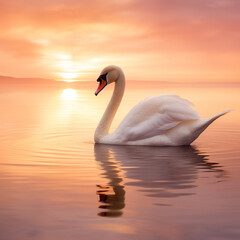 Fototapeta premium Graceful White Swan Gliding on Tranquil Lake at Sunrise