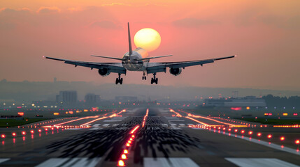  airplane taking off from the runway, sunset in background. AI generative.