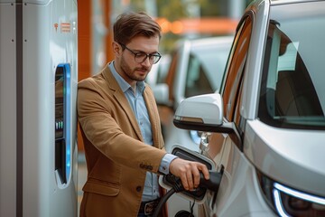 Naklejka premium Entrepreneur Installing Electric Vehicle Charger for Sustainable Business Practices