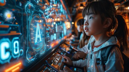 Obraz premium A futuristic classroom setting where holographic letters