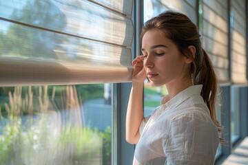 Fototapeta premium Office Energy Efficiency: Woman Adjusting Energy-Efficient Window Shades for Improved Comfort and Productivity