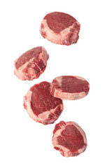 beef tenderloin steak falling, raw meat, cutout.
