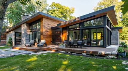 Modern Home with Large Windows and Patio.