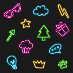 Neon doodle icon set isolated on black background. Pop art neon light sign. Vector illustration.
