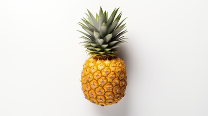 Fototapeta premium A fresh pineapple with a textured yellow exterior and green spiky leaves on top, set against a plain white background.
