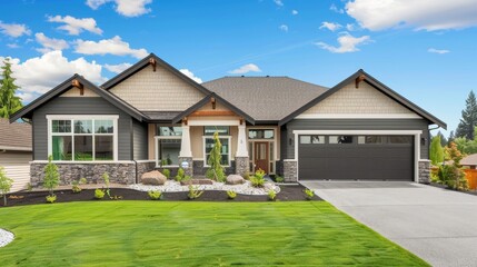 Modern House with Green Lawn and Garage.