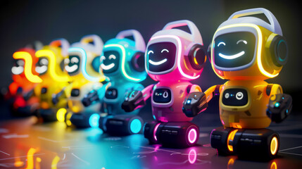 smiling and colourful robots with the inscription AI. AI generative.