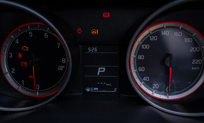 Fototapeta premium Car​ dashboard​ modern .Empty car fuel gauge Fuel tank gauge indicator on the dashboard Accumulated distance on the car dashboard Digital speedometer.