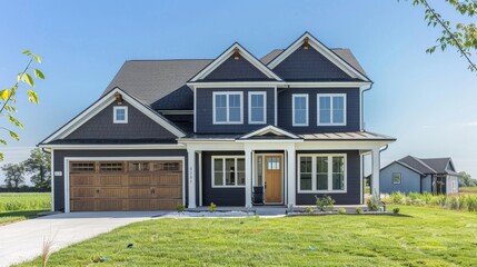 Modern Suburban Home with Blue Siding and White Trim.