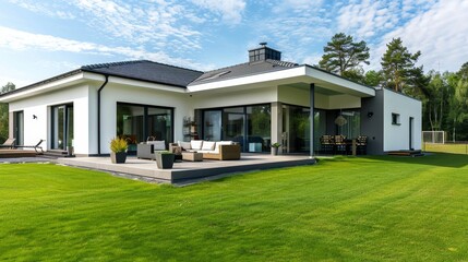 Modern house with large patio and green lawn.