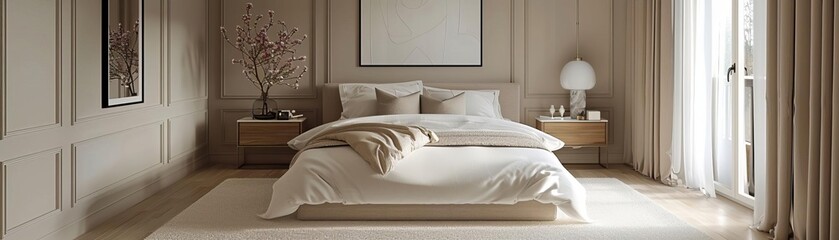 Elegant bedroom with neutral tones and clean lines, Sophisticated elegant interior decor, Refined modern style