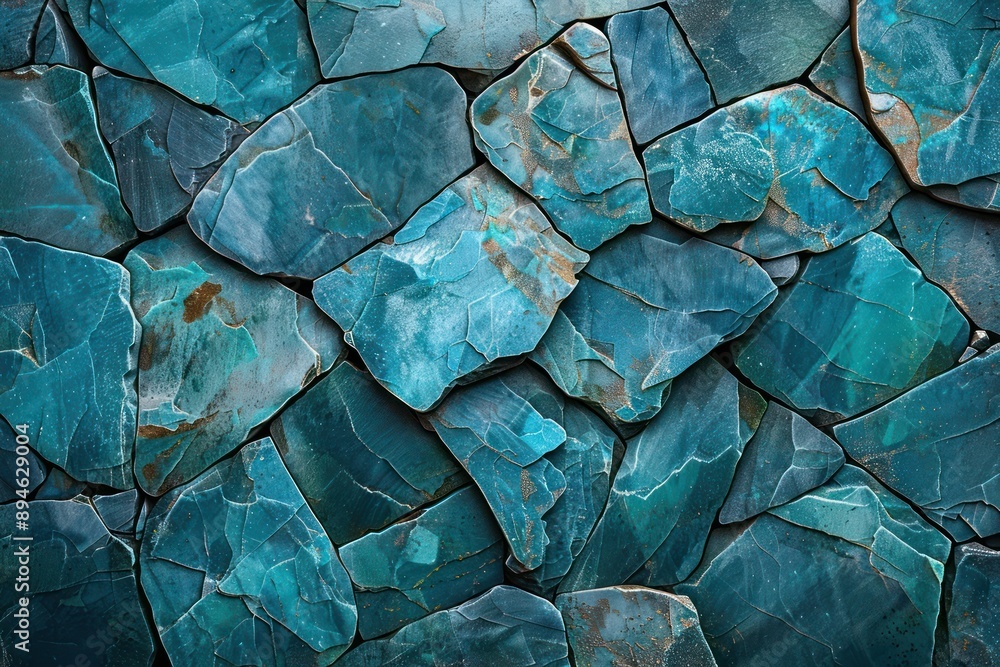 Poster abstract turquoise stone wall texture, close up view of multicolored rough stones with turquoise det