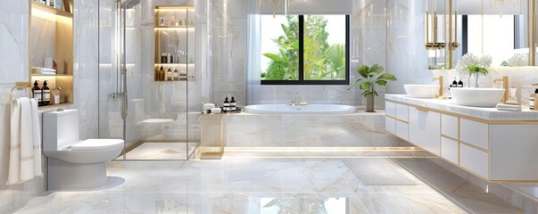 Luxurious bathroom with marble finishes and gold accents, Luxurious refined contemporary style, Opulent modern design