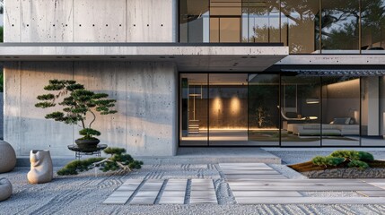 A sleek, minimalist home with a concrete facade, large glass sliding doors, and a zen garden with raked gravel and bonsai trees.