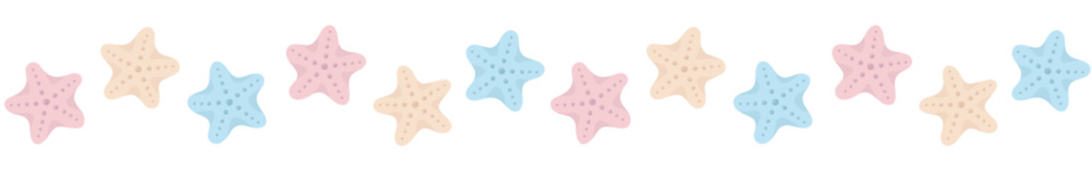 Seamless border with colorful starfishes. Transparent background.