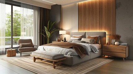 Modern bedroom with elegant furniture and clean lines, Elegant refined clean lines, Minimalist luxury