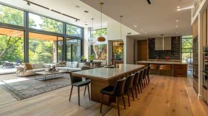 Modern Kitchen Island with Large Windows and Natural Light.