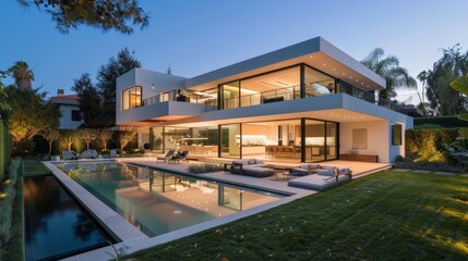 Modern house with a swimming pool at dusk.