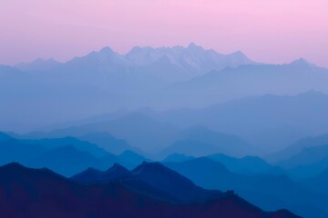 Naklejka premium The Great Wall of China, the silhouette of snow-capped mountains in pink and blue tones at dusk, high definition photography 