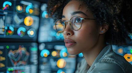 AI cyber security threat illustration, black African American female IT specialist analyzing data information technology, augmented reality artificial intelligence collage, side profile, copy space