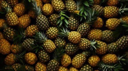 Fototapeta premium A vibrant arrangement of fresh pineapples with green leaves, showcasing their textured skin and tropical appeal. 