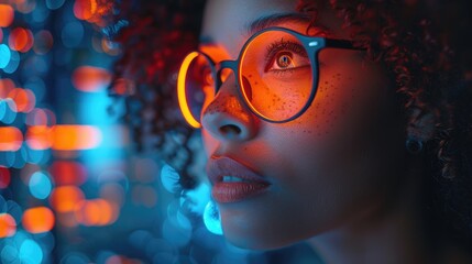 AI cyber security threat illustration, black African American female IT specialist analyzing data information technology, augmented reality artificial intelligence collage, side profile, copy space