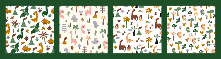 Dinosaur vector seamless pattern. Children's collection includes cute dinosaurs, palm trees, volcanoes and various elements. Dino baby. Colorful cute baby illustration.