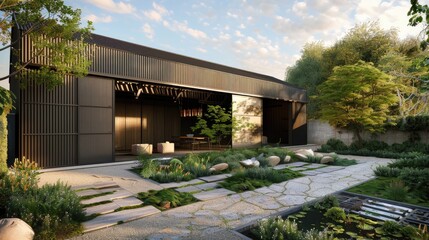 Fototapeta premium A sleek, modern barn house with a black metal exterior, large sliding doors, and a garden with minimalist landscaping and stone paths.