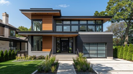 Modern House Exterior with Black and Grey Siding.