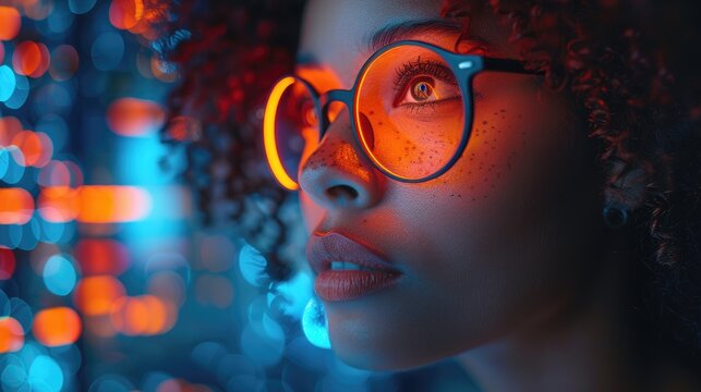 AI cyber security threat illustration, black African American female IT specialist analyzing data information technology, augmented reality artificial intelligence collage, side profile, copy space