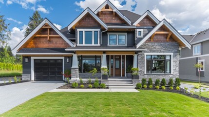Modern House with Stone Facade and Large Front Yard.