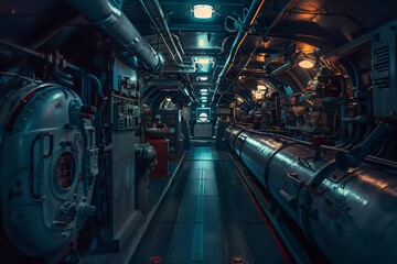 Obraz premium inside submarine, nuclear engine room with lots of electronic equipment and the captain's cabin in background, high resolution photography, professional color grading, soft shadows, no contrast, clean