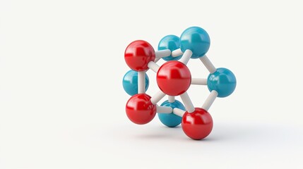 Colorful molecular model showcasing red and blue atoms connected with bonds, representing a 3D chemical compound on a white background.
