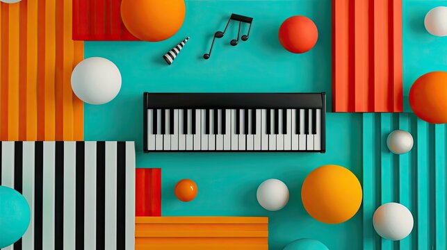 Colorful abstract musical composition with piano keyboard and geometric shapes. Modern art with music notes, balls, and stripes.