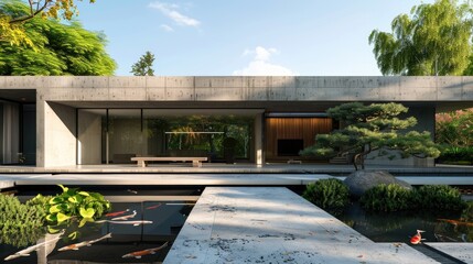 A sleek, modern home with a concrete exterior, large windows, and a minimalist garden with a koi pond.