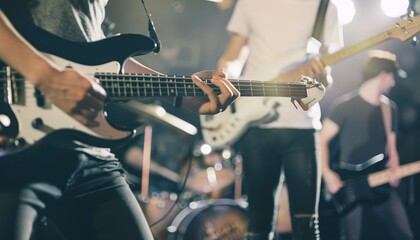 Music band concert performance with guitarist on stage in recording studio   digital ai photography