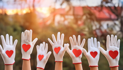 Volunteering and community service, featuring symbols of hands and hearts symbolizing help, kindness, and support. Ideal for topics related to charity, social work, and altruism.