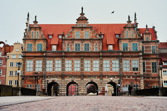 Landmark Green Gate in Gdansk city in Poland. Historical center in old town in European city. Historical building with arch, main entrance to old town