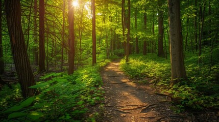 Sunlight Through the Trees on a Forest Path.