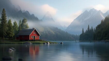 Fototapeta premium Red Cabin by Mountain Lake