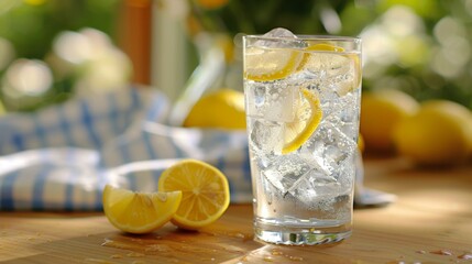 Lemonade with Lemon Slices and Ice Cubes in a Glass.